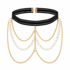 A black multi-strand choker necklace with cascading gold chains and white pearl strands, displayed on a clean white background.