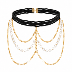 A multi-layered choker necklace featuring a black beaded top band, a gold chain draped across the chest, and white pearl strands hanging in curved layers, set against a plain white background.