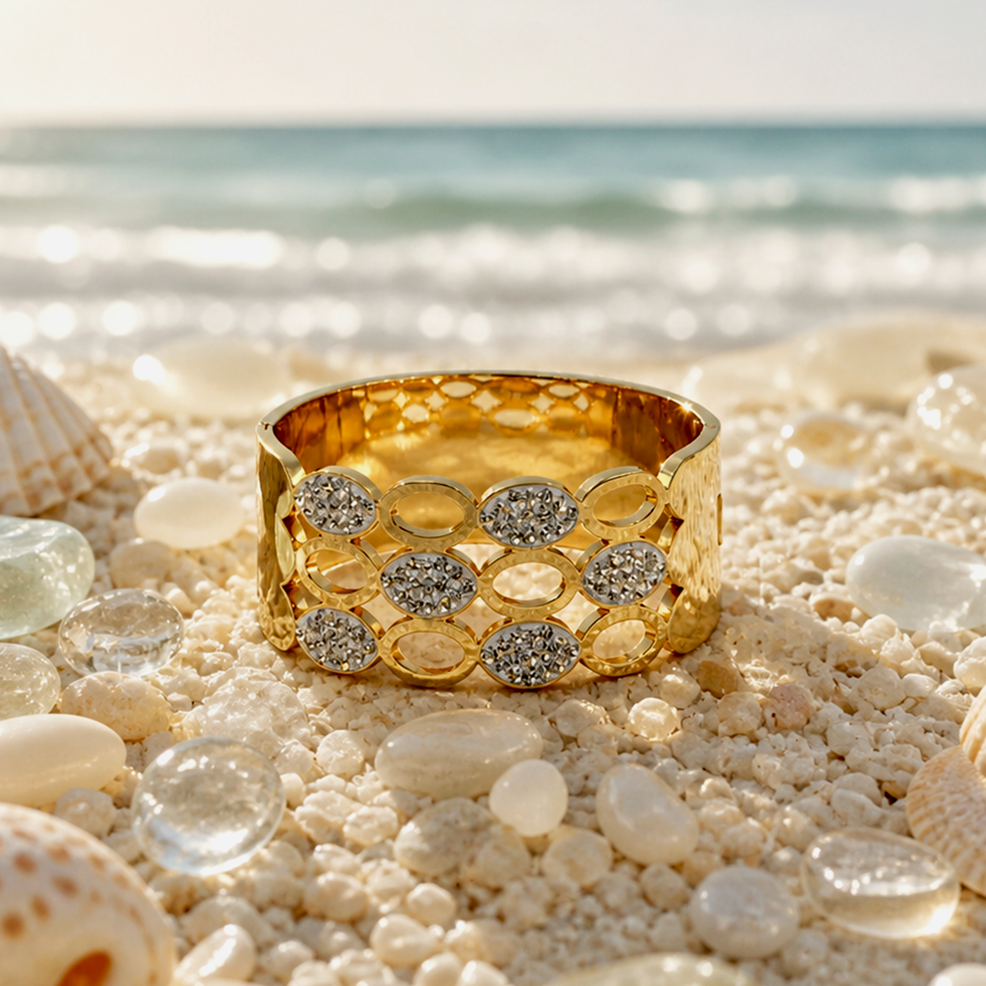 A wide gold ring with a honeycomb pattern and rows of sparkling clear stones, displayed on a sandy beach with seashells and ocean waves in the background.