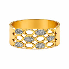 A wide gold cuff bracelet featuring a pattern of open oval links and textured silver pavé-set oval inserts, shown on a plain white background.