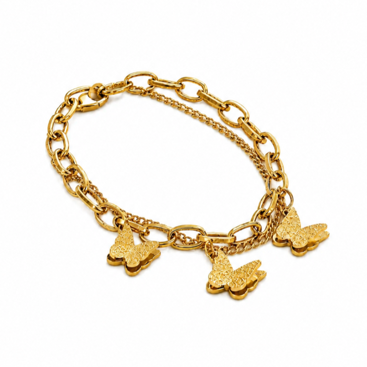 A gold-tone chain bracelet featuring three dangling butterfly charms, one with a textured glitter finish and two with a smooth polished finish, set against a plain white background.