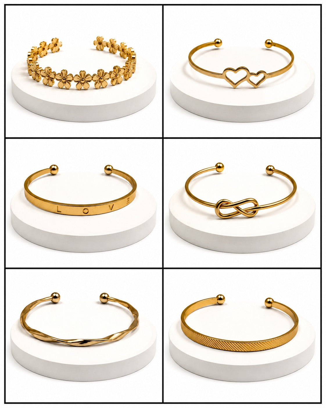 Six gold-tone cuff bracelets displayed on white round pedestals in a 3x2 grid. The bracelets include floral detailing, two interlocking hearts, the letters LOVE, an infinity symbol, a twisted band, and a textured band.
