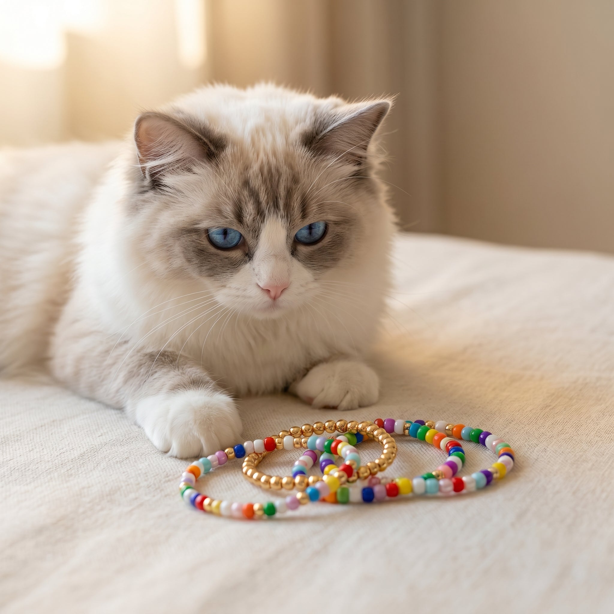 A fluffy white and gray cat with blue eyes lies on a cream fabric surface, looking at a set of colorful beaded bracelets and one gold beaded bracelet.