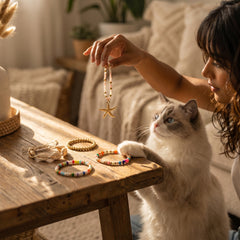 A woman in a cozy living room setting holds up a beaded starfish necklace while a fluffy white cat with blue eyes looks on from the wooden table, where several colorful beaded bracelets are displayed.