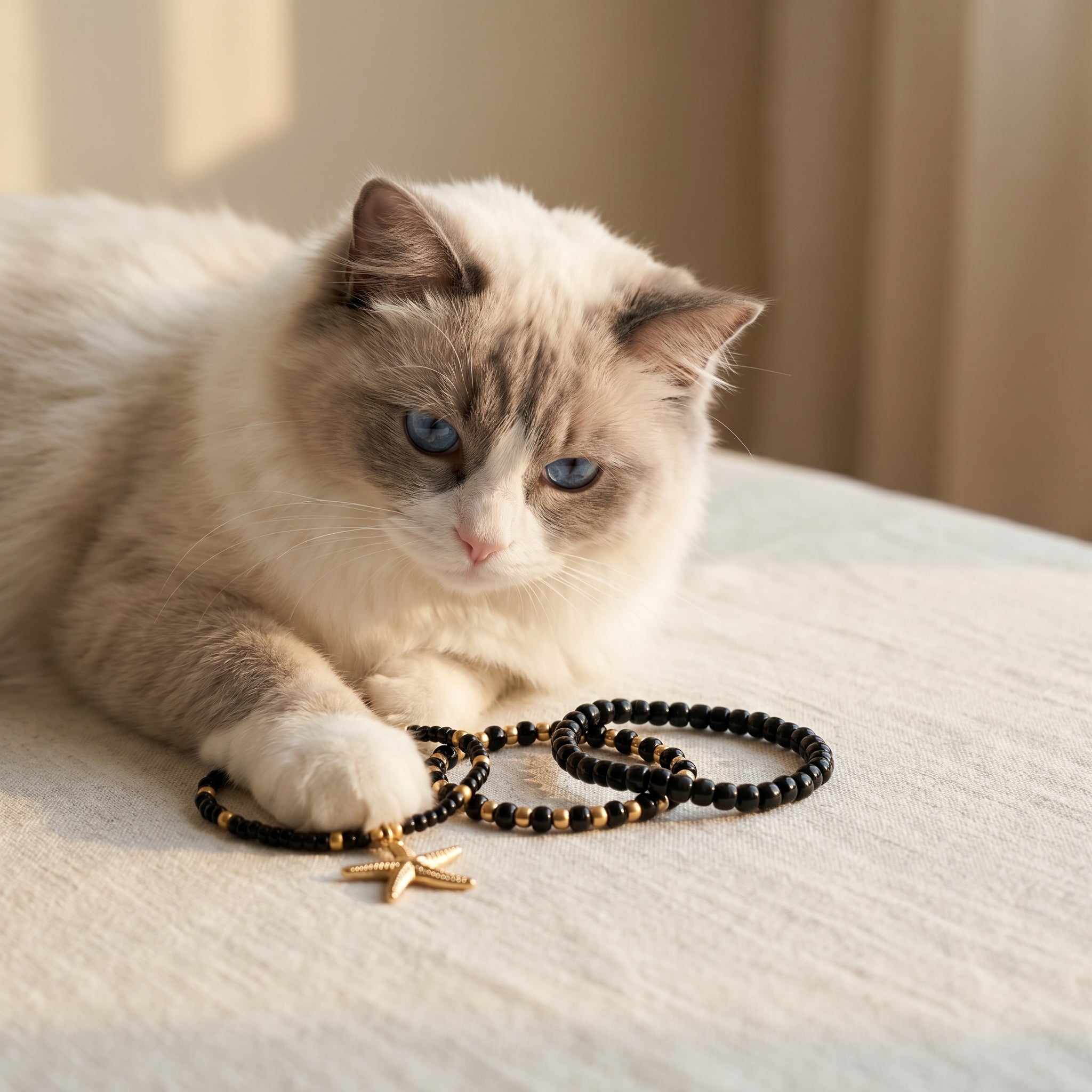 A fluffy cream and gray cat lies on a light beige fabric surface, looking down at several beaded bracelets, including one with a small gold star charm.