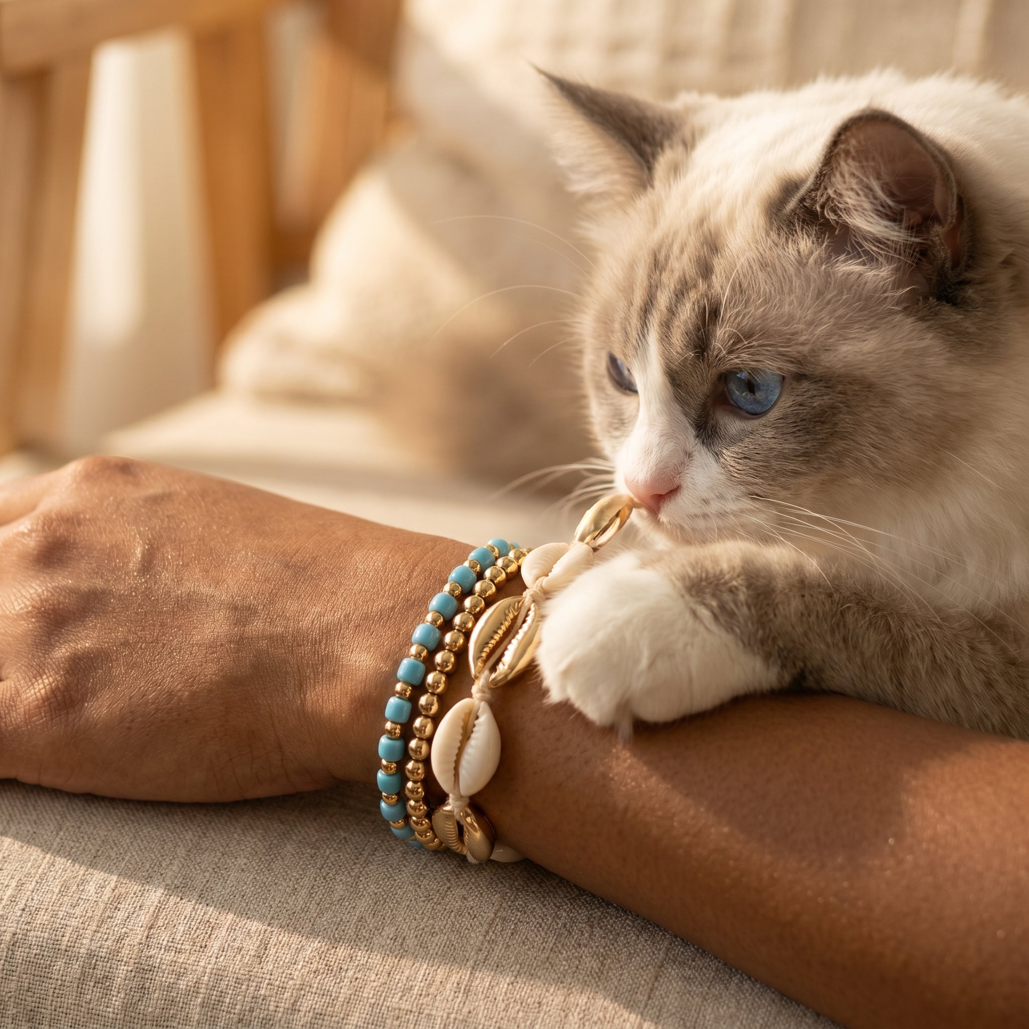A close-up lifestyle shot of a cat resting on a person's arm, wearing a set of bohemian-style bracelets. The bracelets feature turquoise beads, white cowrie shells, and gold-toned metal.