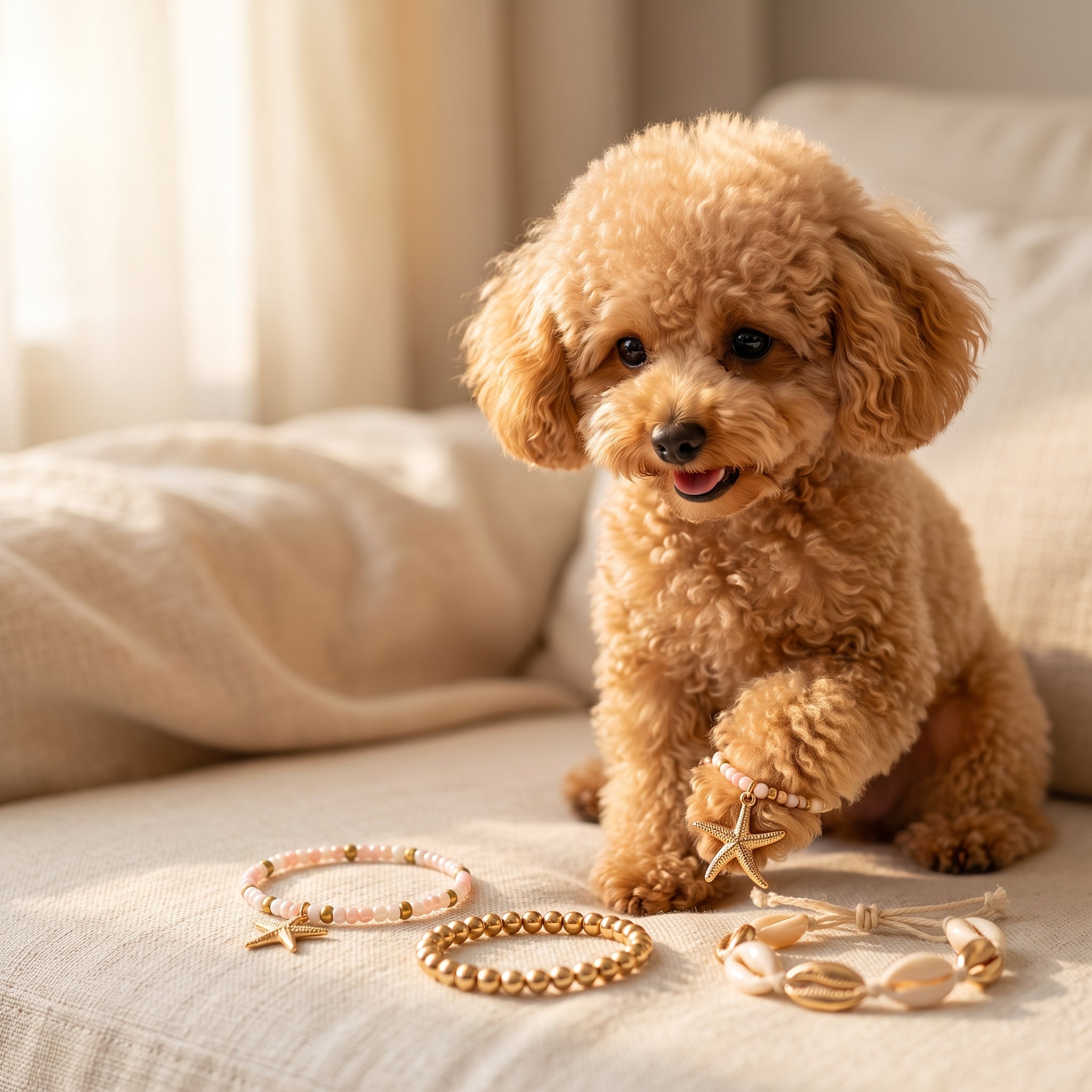 A small fluffy tan dog sits on a cream fabric surface in a softly lit indoor setting, with several pastel and gold bracelets placed in front of it.