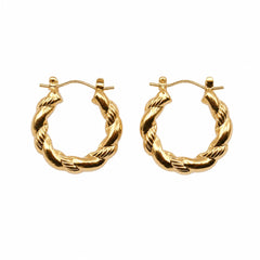 A pair of gold hoop earrings with a twisted rope design, displayed on a clean white background.