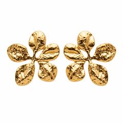 A pair of textured gold flower-shaped stud earrings on a plain white background.