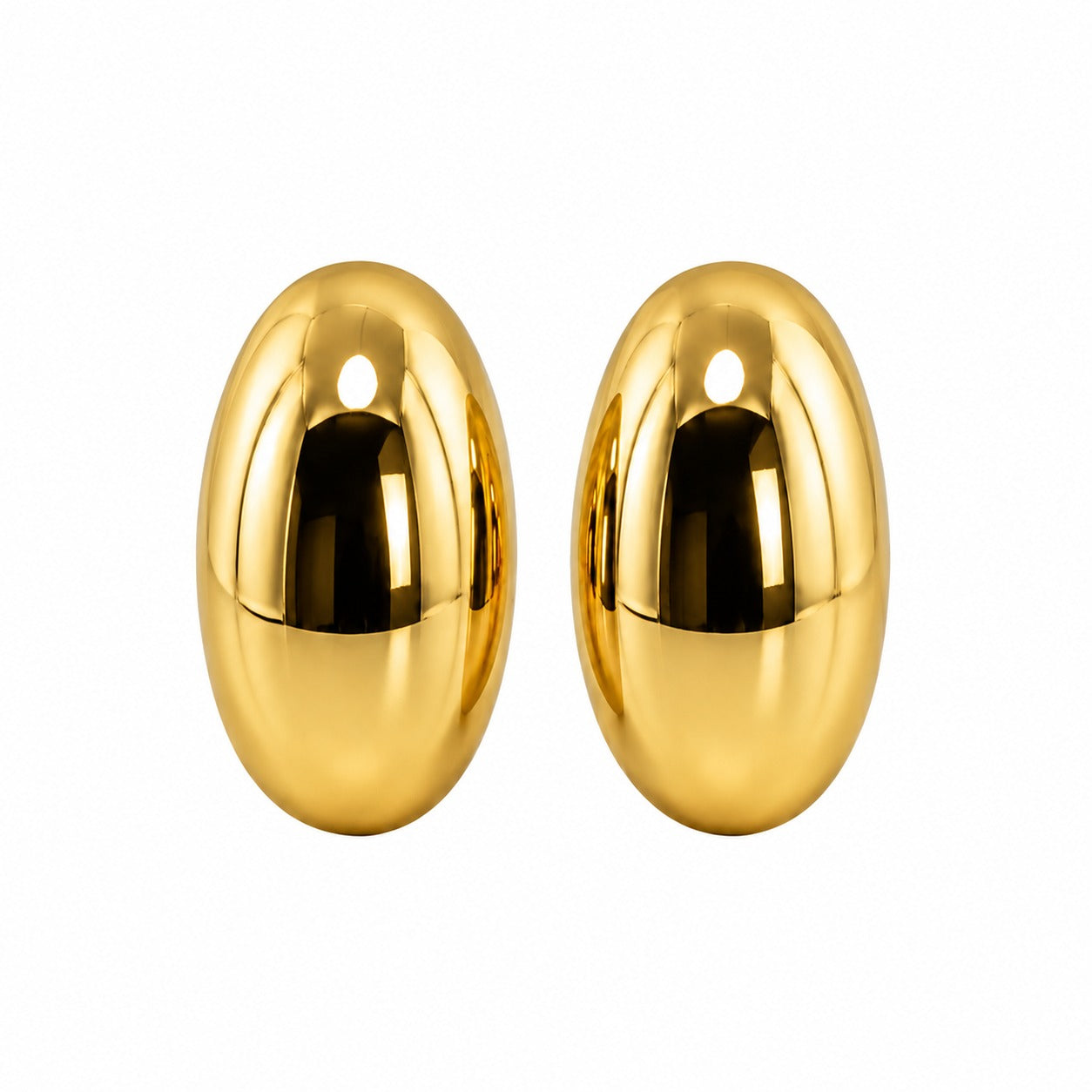 A pair of shiny gold oval stud earrings with a small circular cutout near the top, shown on a plain white background.
