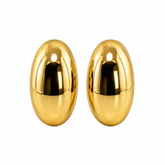 A pair of shiny gold oval stud earrings with a small circular cutout near the top, shown on a plain white background.