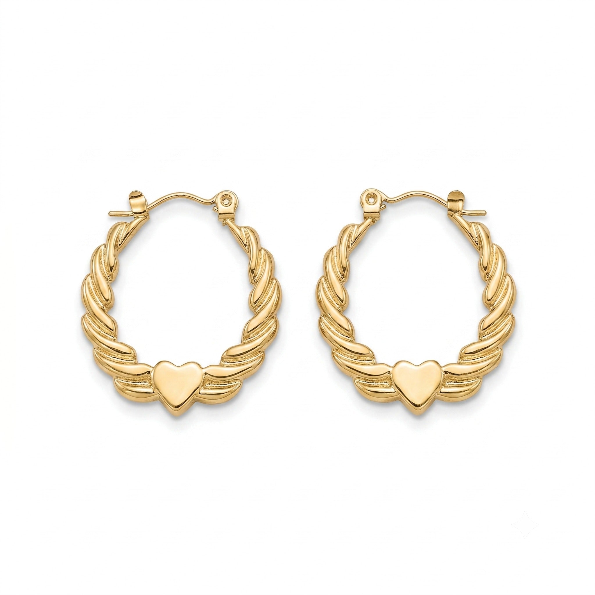 A pair of gold hoop earrings with a twisted rope design and a small flat heart charm at the bottom, shown on a plain white background.