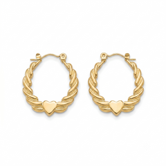 A pair of gold hoop earrings with a twisted rope design and a small flat heart charm at the bottom, shown on a plain white background.