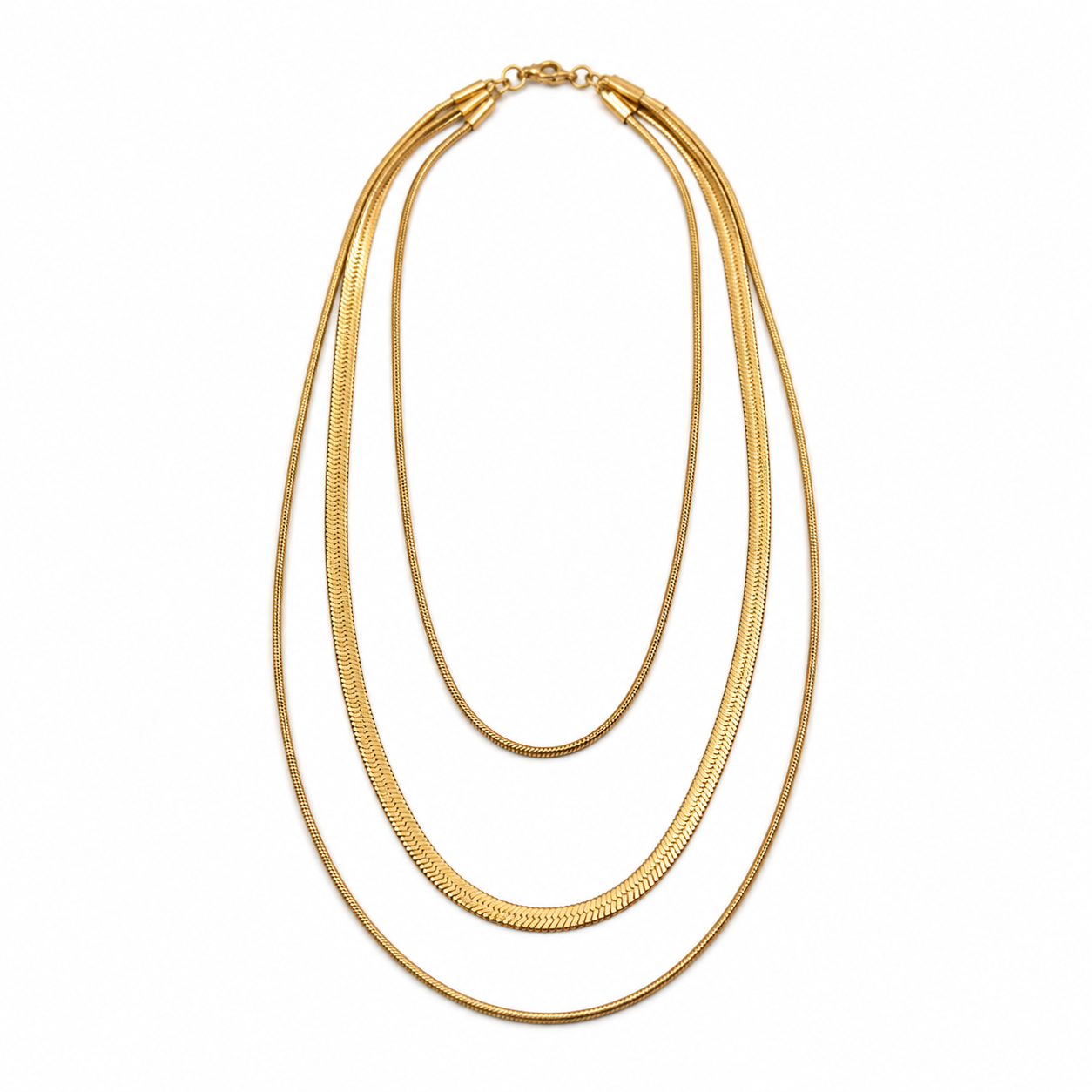A gold-toned multi-strand snake chain necklace with three layered strands and a small clasp at the top, shown on a plain white background.