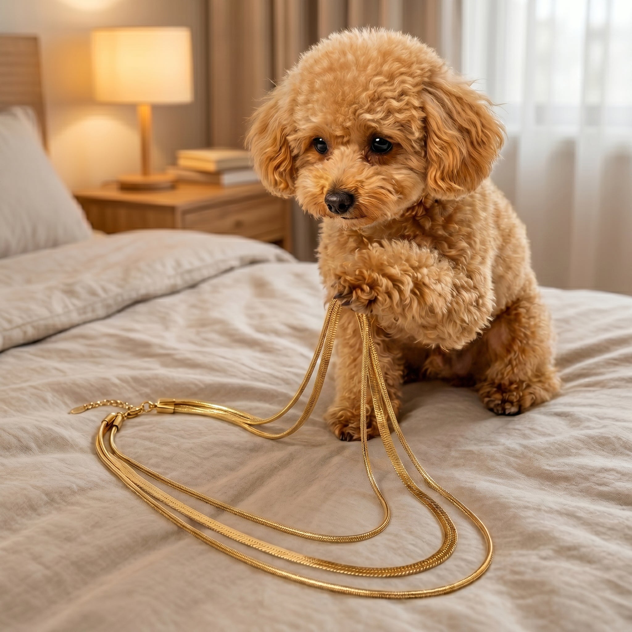 A small fluffy tan dog sits on a bed holding a coiled gold-tone chain necklace in a softly lit bedroom.