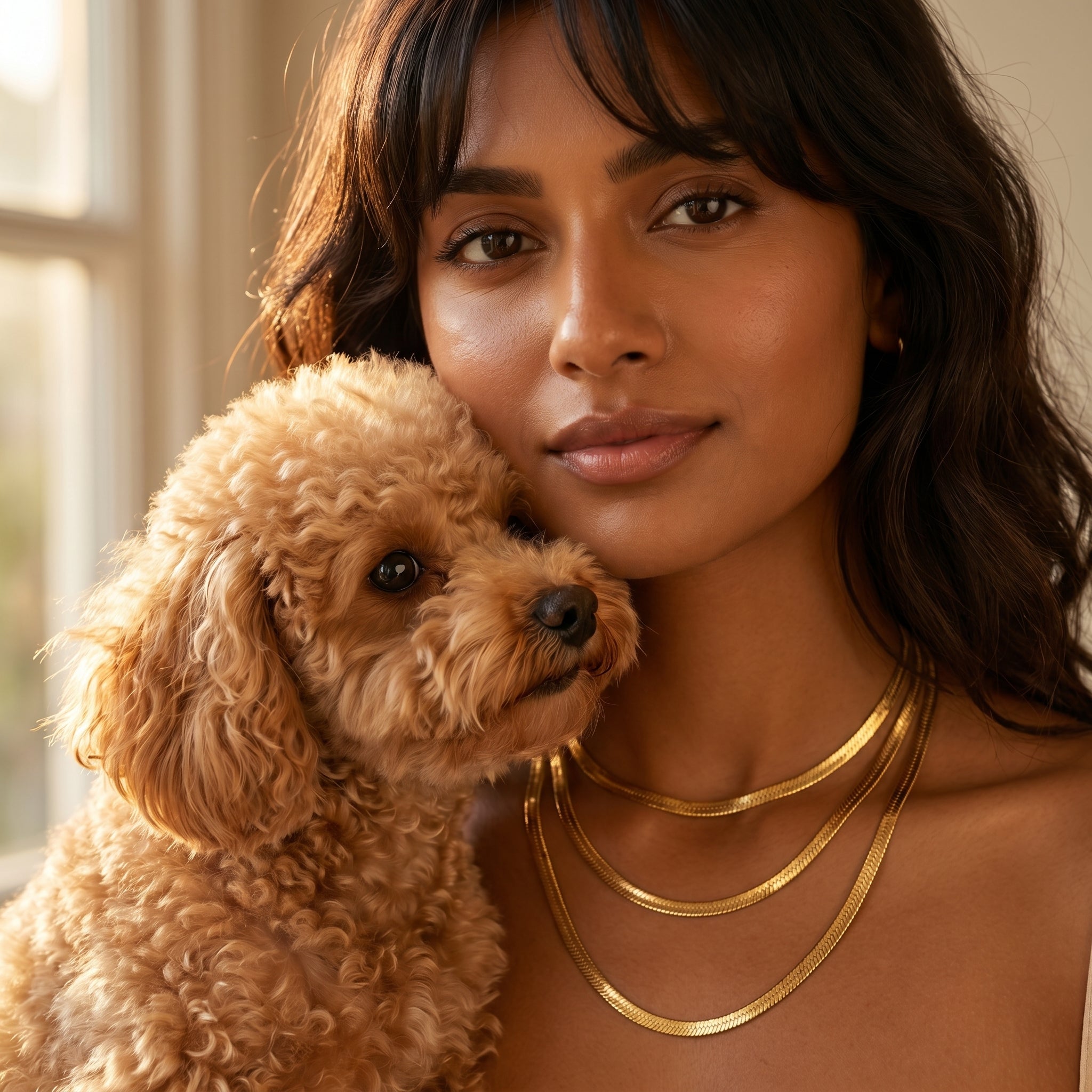 A close-up lifestyle shot of a woman with dark hair and a small curly-haired tan dog, both wearing gold jewelry. The woman is wearing three layered gold chain necklaces, and the dog wears a gold collar.