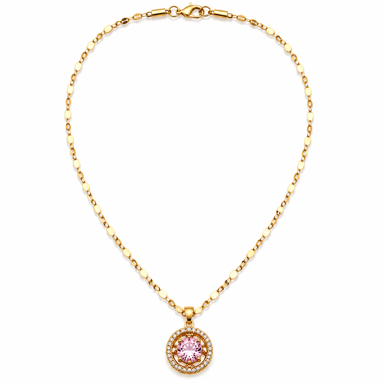 A gold chain necklace with a circular pendant featuring a pink gemstone surrounded by small clear stones, displayed on a clean white background.