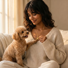 A woman in a cozy cream knit sweater sits on a couch with a small fluffy tan dog, wearing a delicate gold necklace with a starfish pendant. The warm, soft-focus background suggests a home interior.