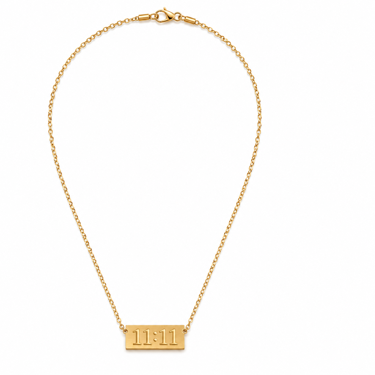 A gold chain necklace with a small rectangular bar pendant engraved with '11:11', shown on a plain white background.