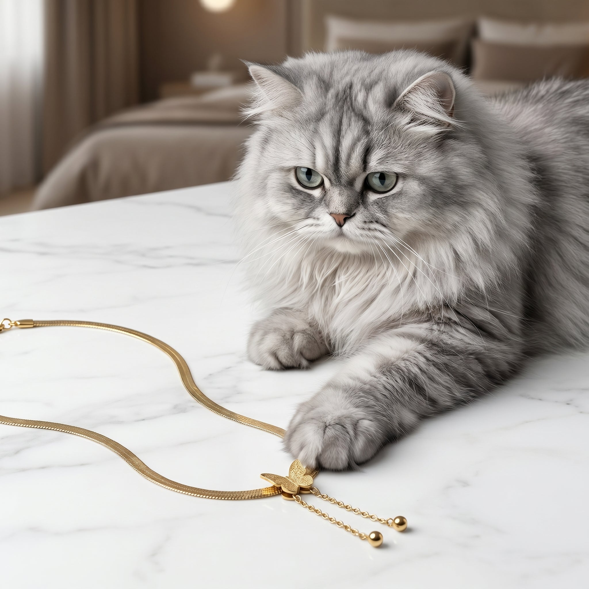 A fluffy silver-gray cat lies on a white marble tabletop, reaching toward a gold snake-chain necklace with a butterfly pendant in a softly lit bedroom setting.