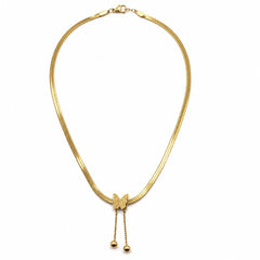 A gold snake chain necklace with a butterfly-shaped pendant and two dangling bead chains, shown on a plain white background.