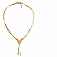 A gold snake chain necklace featuring a textured butterfly pendant with two dangling gold bead chains, displayed on a clean white background.