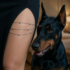 A close-up lifestyle shot of a person's thigh wearing three delicate silver chain leg bracelets with small bead details, next to a black and tan Doberman dog.
