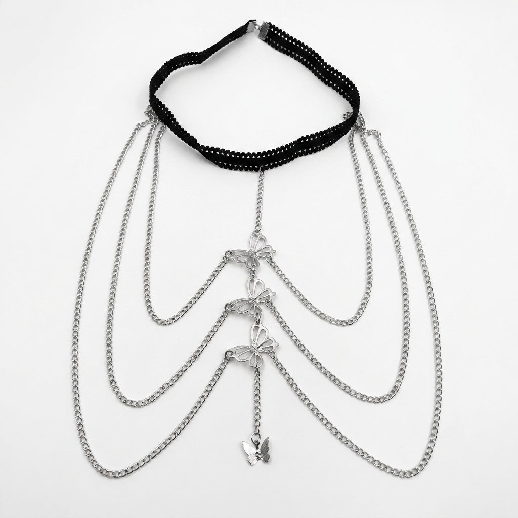 A silver-tone chain choker necklace with multiple draped chains, butterfly charms, and a small dangling wing charm, displayed on a clean white background.