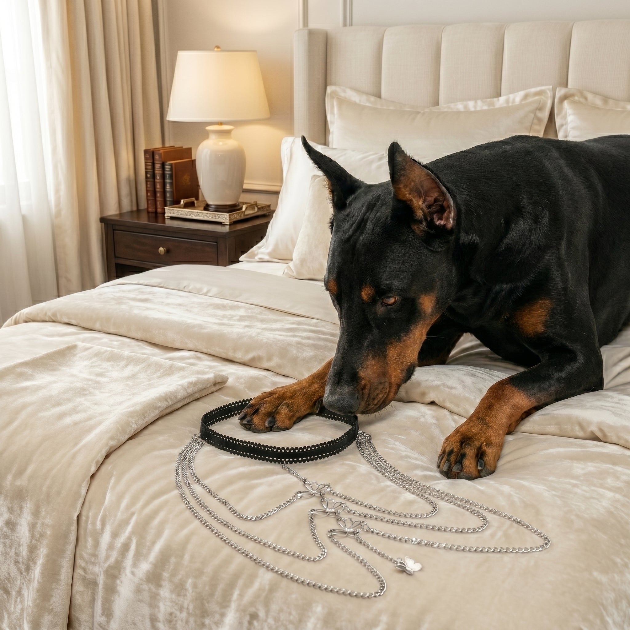 A black and tan Doberman dog lies on a cream-colored bed, sniffing two necklaces—one black and one silver—while a bedroom with a lamp and nightstand is softly visible in the background.
