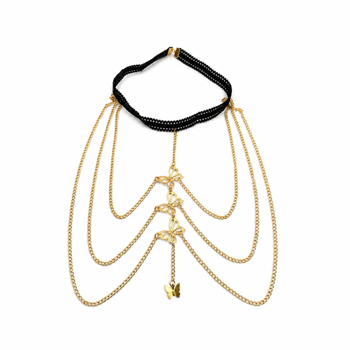A gold and black beaded choker necklace with cascading gold chains and butterfly charms, displayed on a clean white background.