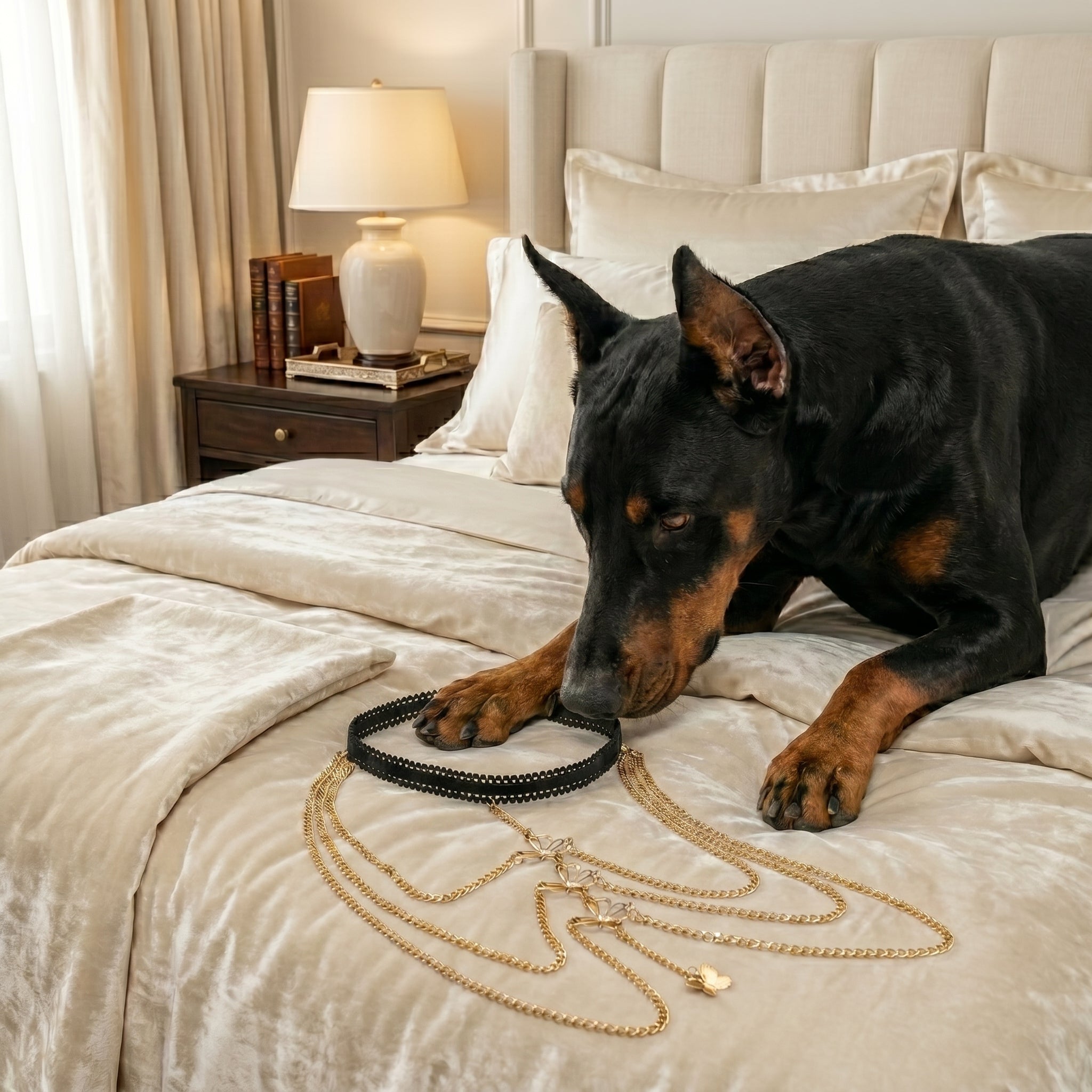 A black and tan Doberman dog lies on a cream-colored bed, sniffing a set of layered necklaces, including a black beaded collar and gold-toned chain necklaces.