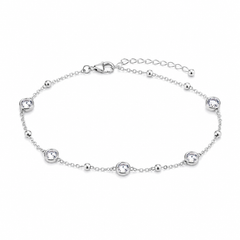 A delicate silver chain bracelet with five bezel-set clear round stones and small polished silver beads, displayed on a clean white background.