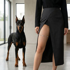 A woman wearing a black long-sleeve top and a black asymmetrical high-slit midi skirt stands indoors next to a black and tan Doberman dog. The skirt has a dramatic side slit and a small silver chain detail near the thigh.