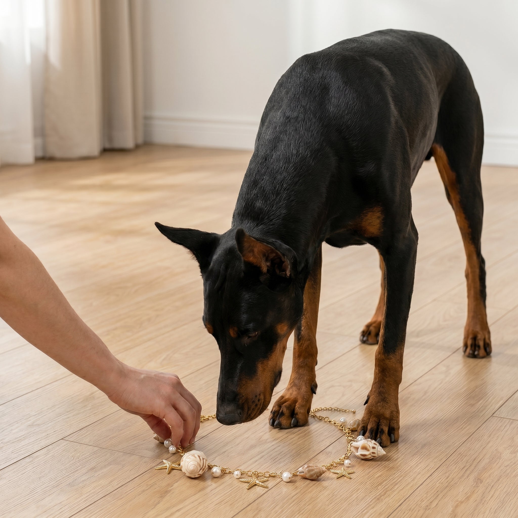 A black and tan dog on a light wood floor sniffing a decorative shell and starfish necklace while a person's hand adjusts it on the floor.