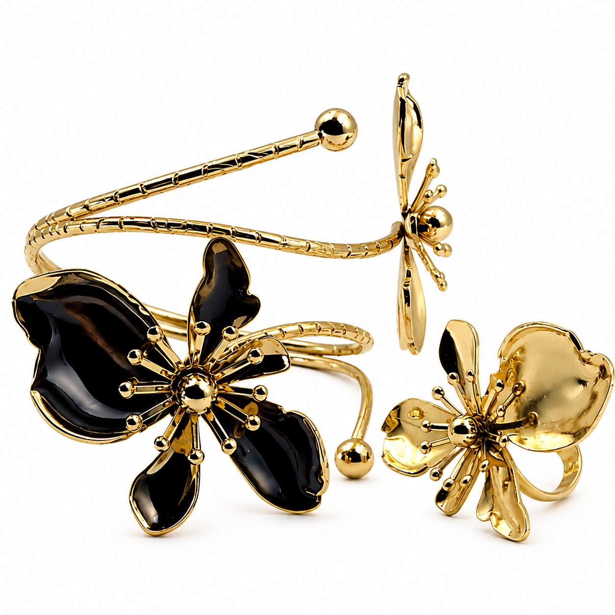 Gold-tone metal jewelry set featuring a butterfly-shaped ring, a dragonfly-shaped stud earring, and an open bangle bracelet with black enamel butterfly wings, displayed on a clean white background.
