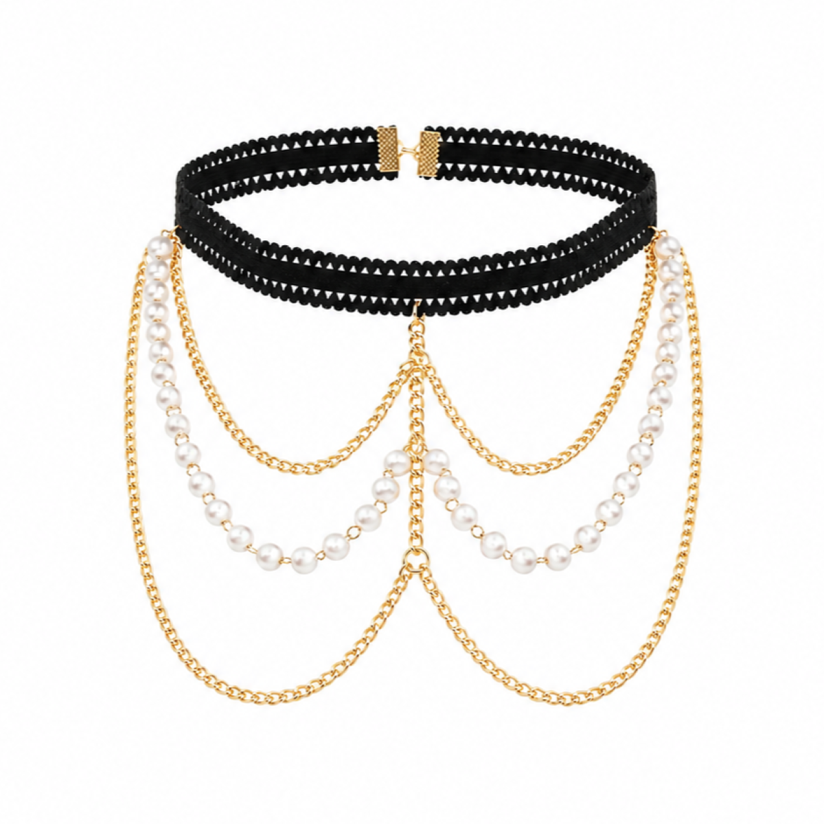 A black braided choker necklace with cascading gold chains and white pearl strands, displayed on a clean white background.