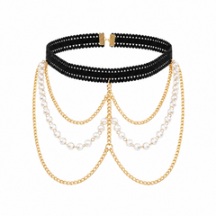 A black braided choker necklace with cascading gold chains and white pearl strands, displayed on a clean white background.