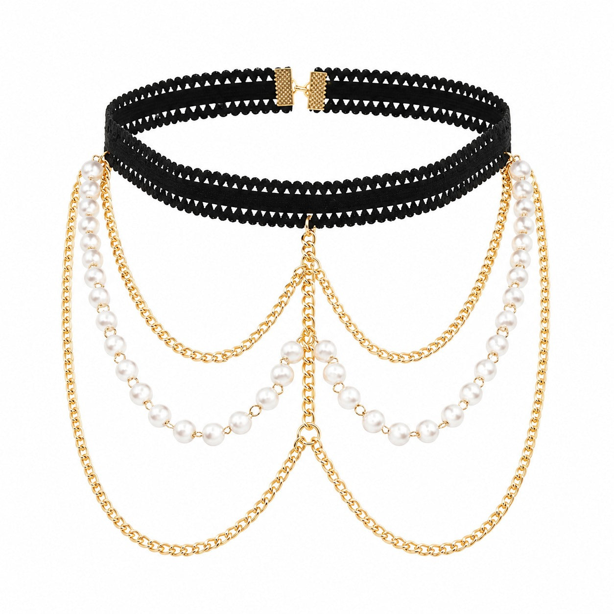 A black multi-strand choker necklace with cascading gold chains and white pearl strands, displayed on a clean white background.