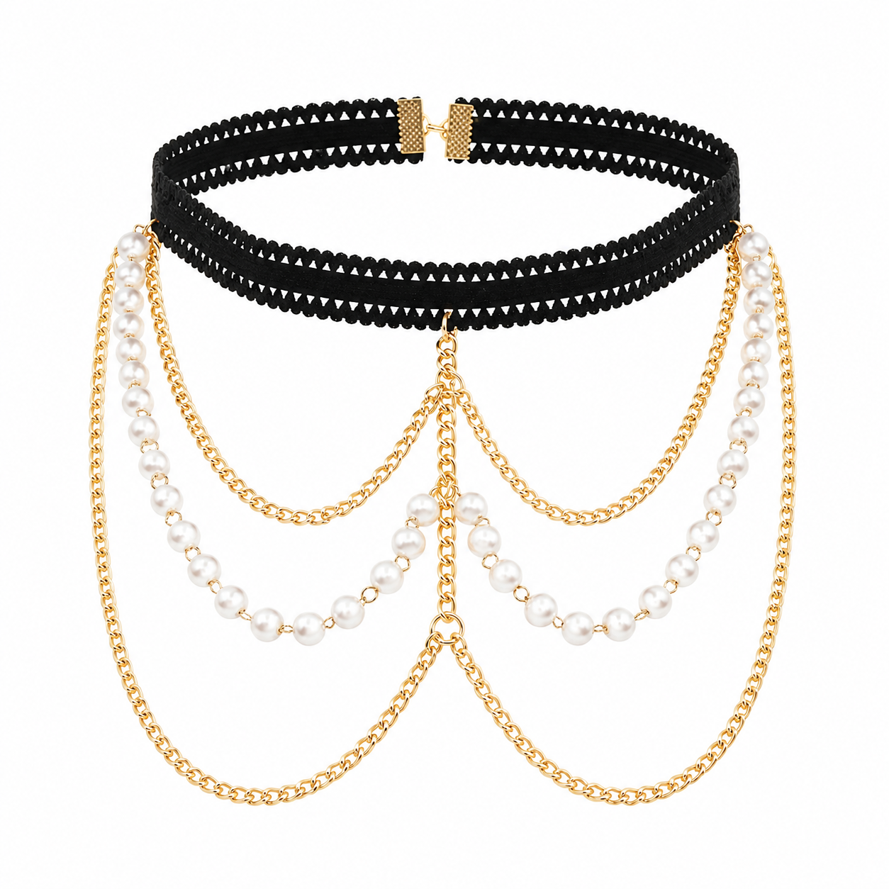 A multi-layered choker necklace featuring a black beaded top band, a gold chain layer, a white pearl chain layer, and a central gold chain with pearl drops, displayed on a clean white background.