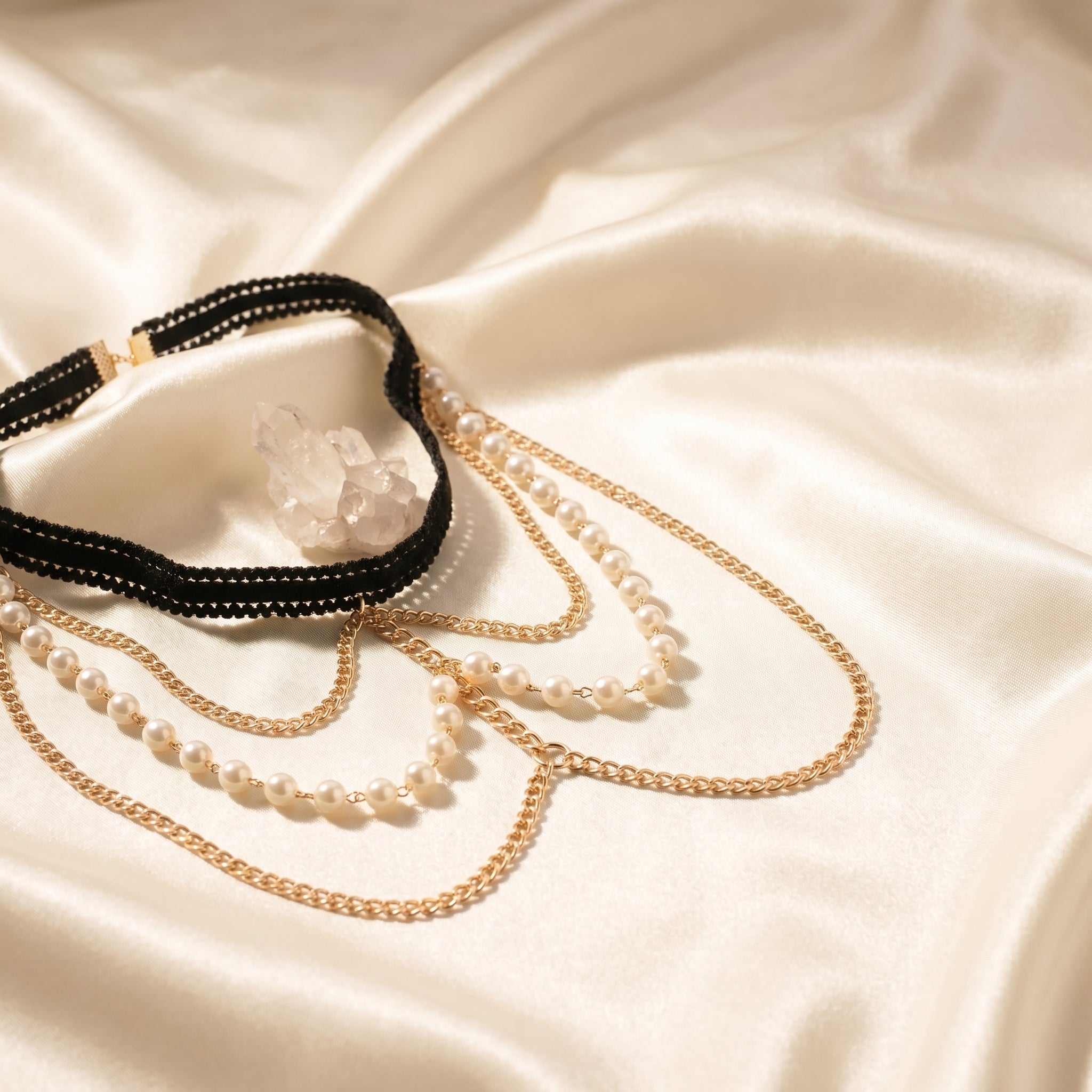 A layered necklace set displayed on draped cream satin fabric. The set includes a black beaded choker with a clear crystal pendant, a gold chain with pearl beads, and a gold chain with small white pearls.