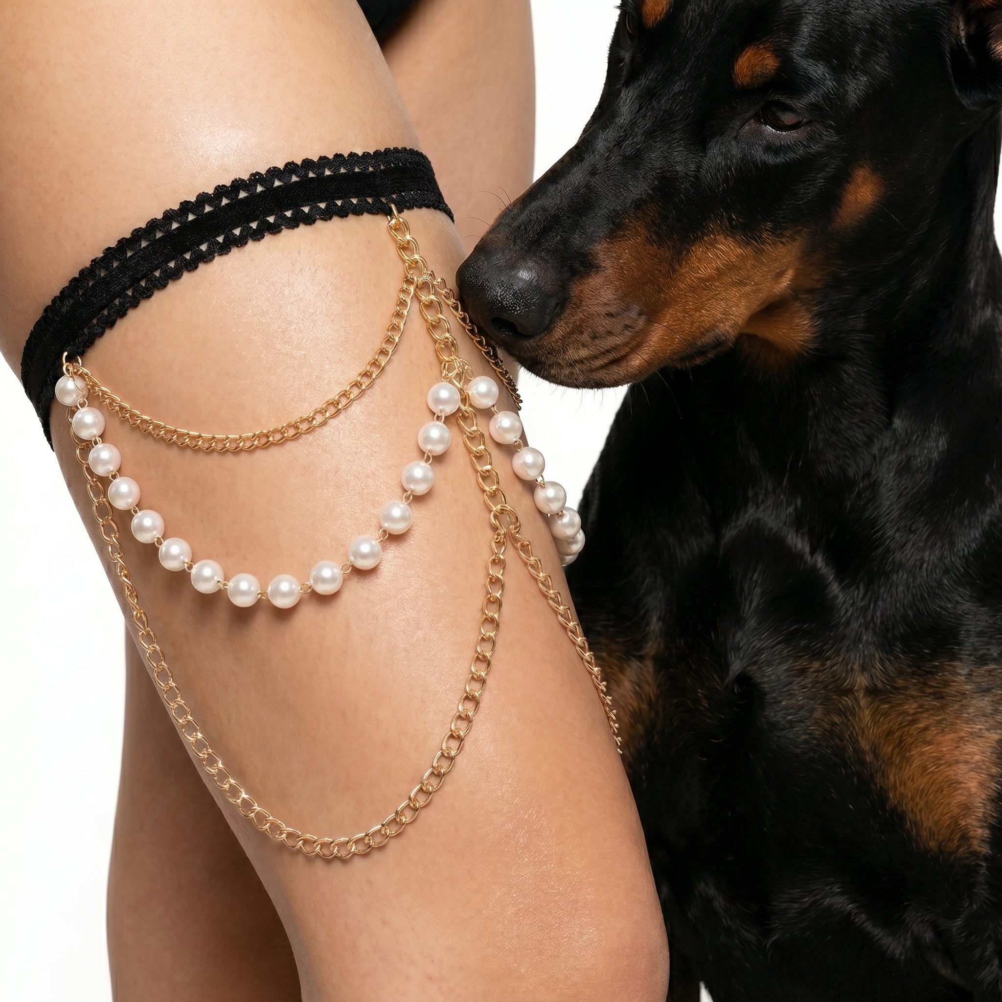 A close-up of a person's thigh wearing a black lace harem-style band with layered gold chains and white pearl strands, next to a black-and-tan dog on a white background.