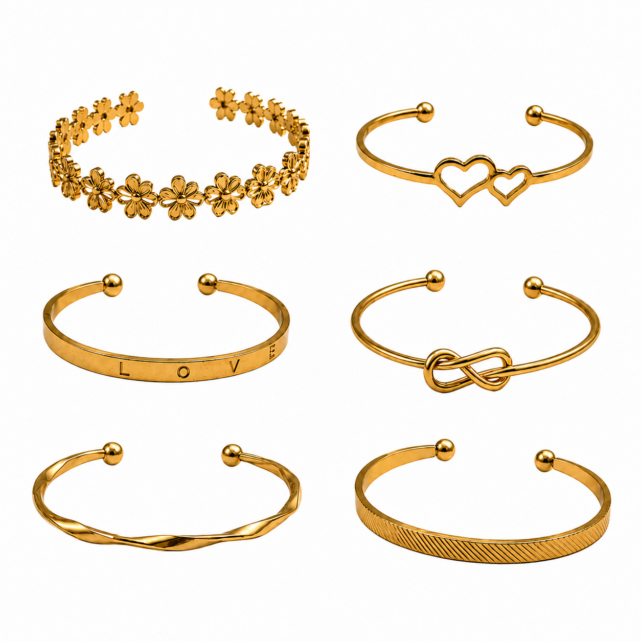 Six gold-tone open cuff bracelets arranged in a 2x3 grid on a plain white background. The designs include a floral border, two interlocking heart outlines, a band engraved with the word LOVE, an infinity knot, a twisted rope pattern, and a textured ridged band.