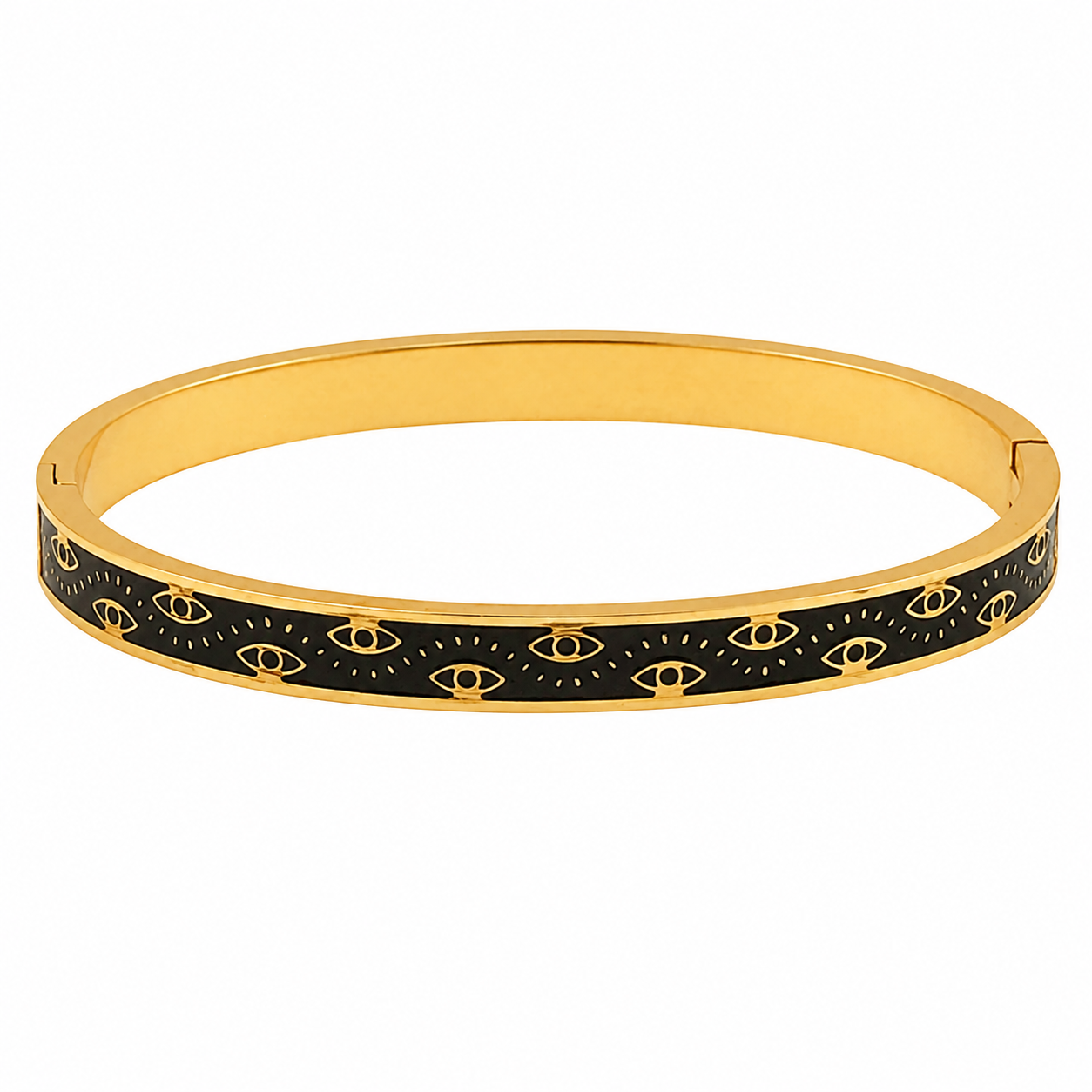 A gold-plated bangle bracelet featuring a black enamel inlay patterned with repeating gold evil eye motifs, shown against a plain white background.