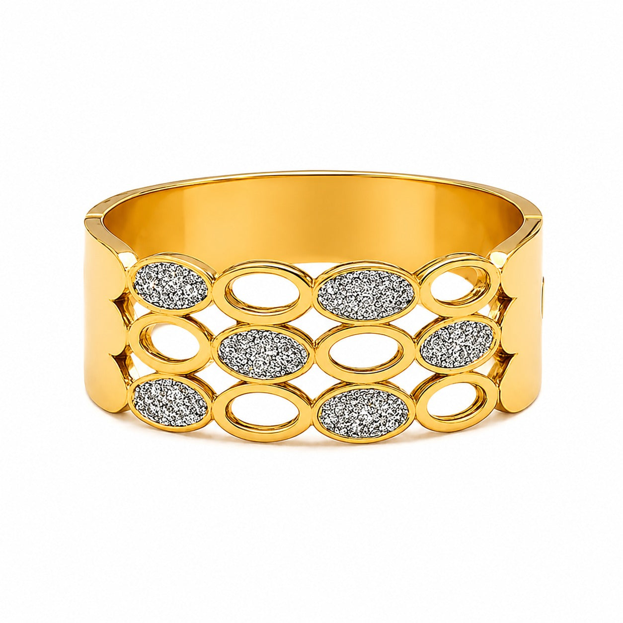 A wide gold cuff bracelet featuring a pattern of open oval links and textured silver pavé-set oval inserts, shown on a plain white background.