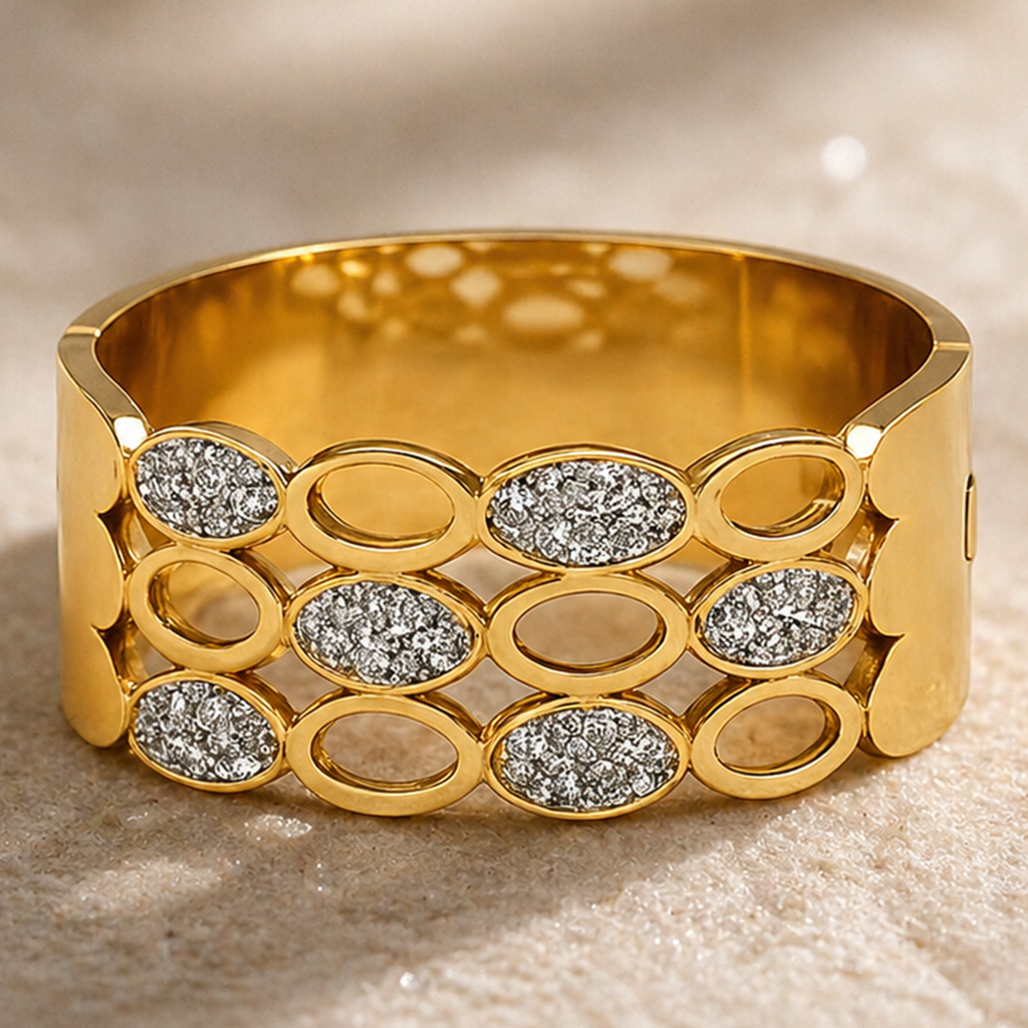 A wide gold band ring with a geometric openwork design and multiple oval sections paved with clear stones, shown on a textured beige surface.