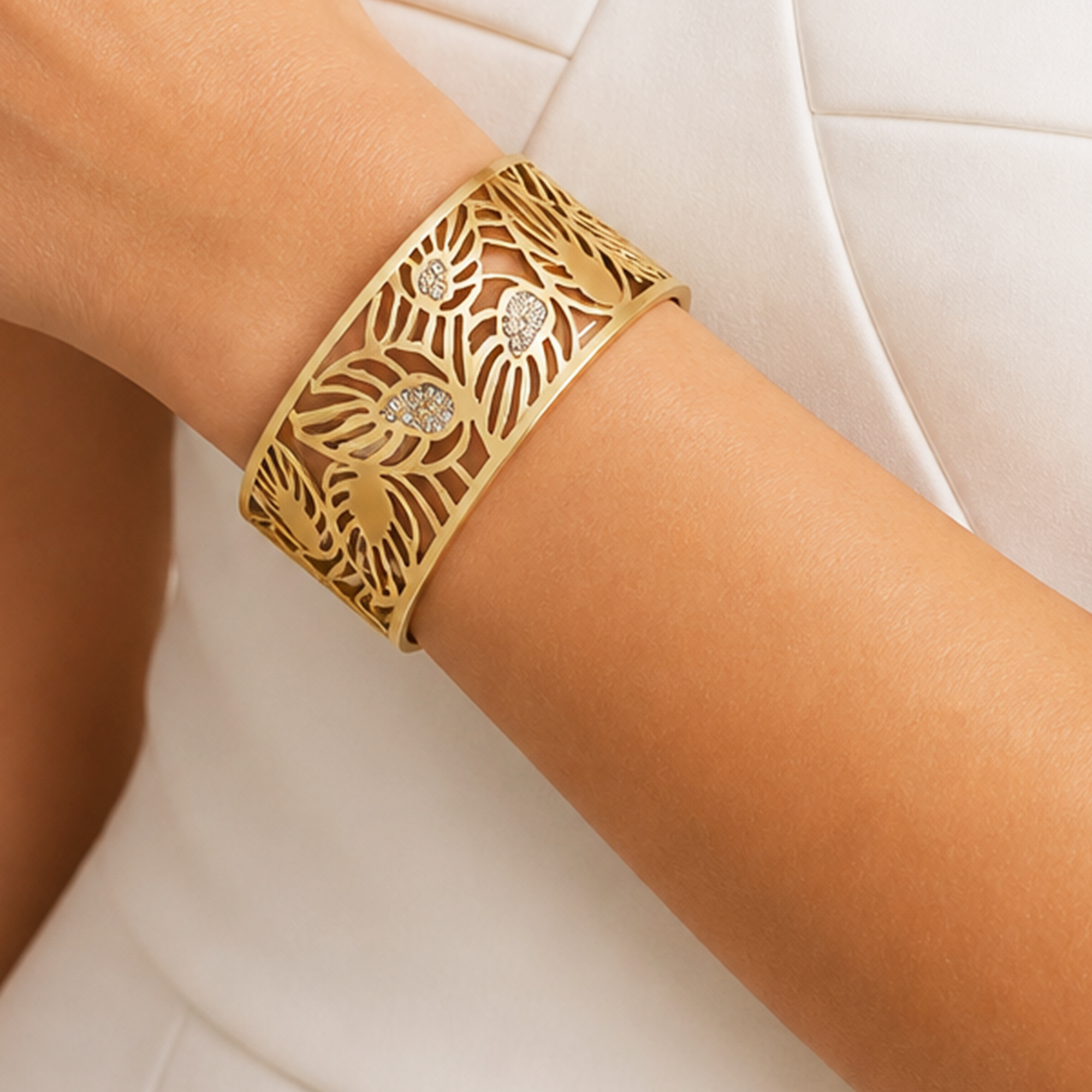Tropical Palm Leaf Bangle | Intricate Cut-Out Botanical Statement Cuff | Exotic Summer Island Jewelry for Women