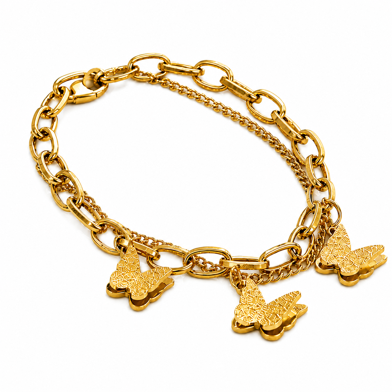 A gold-tone chain bracelet featuring three textured butterfly charms, displayed on a clean white background.