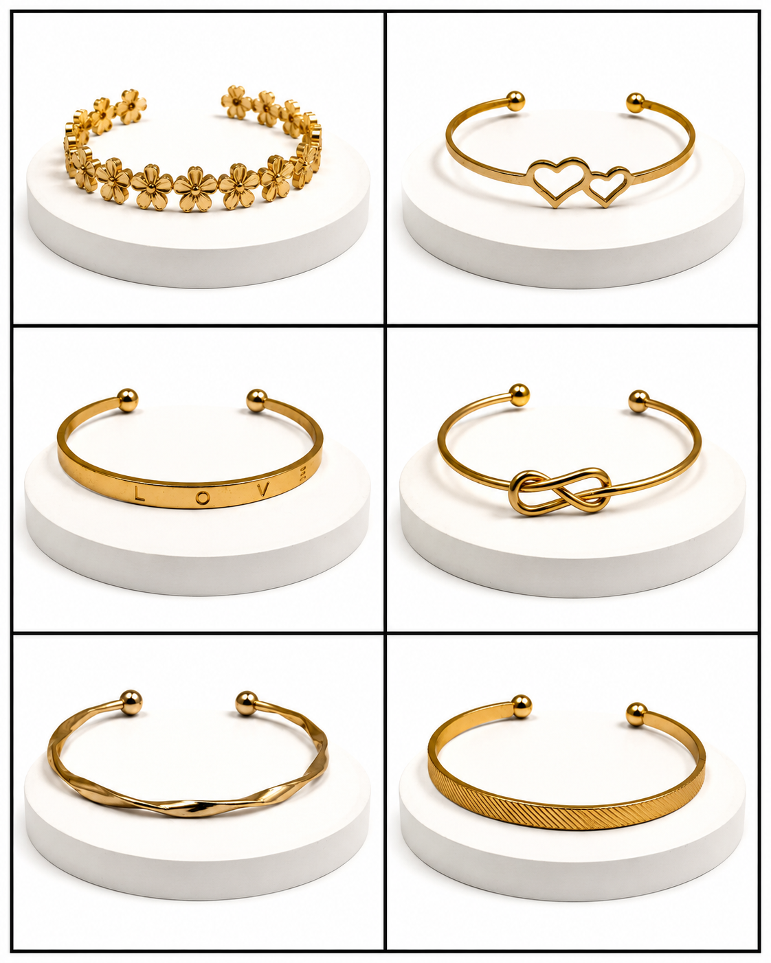 Six gold-tone cuff bracelets displayed on white round pedestals in a 3x2 grid. The bracelets include floral detailing, two interlocking hearts, the letter 'O' with 'LOVE' around it, an infinity symbol, a twisted band, and a textured band.