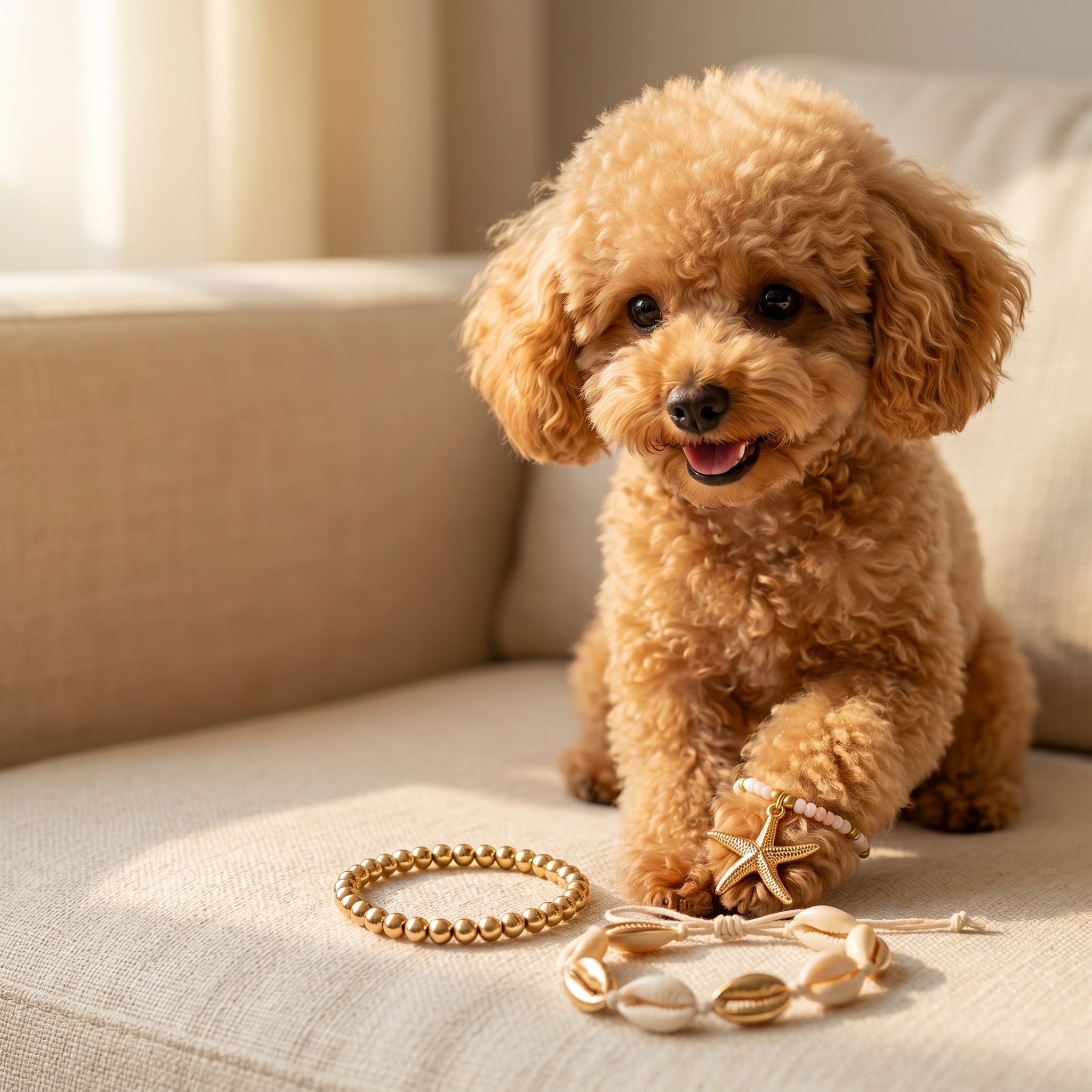 A small curly-haired tan dog sits on a beige sofa, wearing a gold bracelet and a shell/bead bracelet, with matching bracelets placed in front of it.