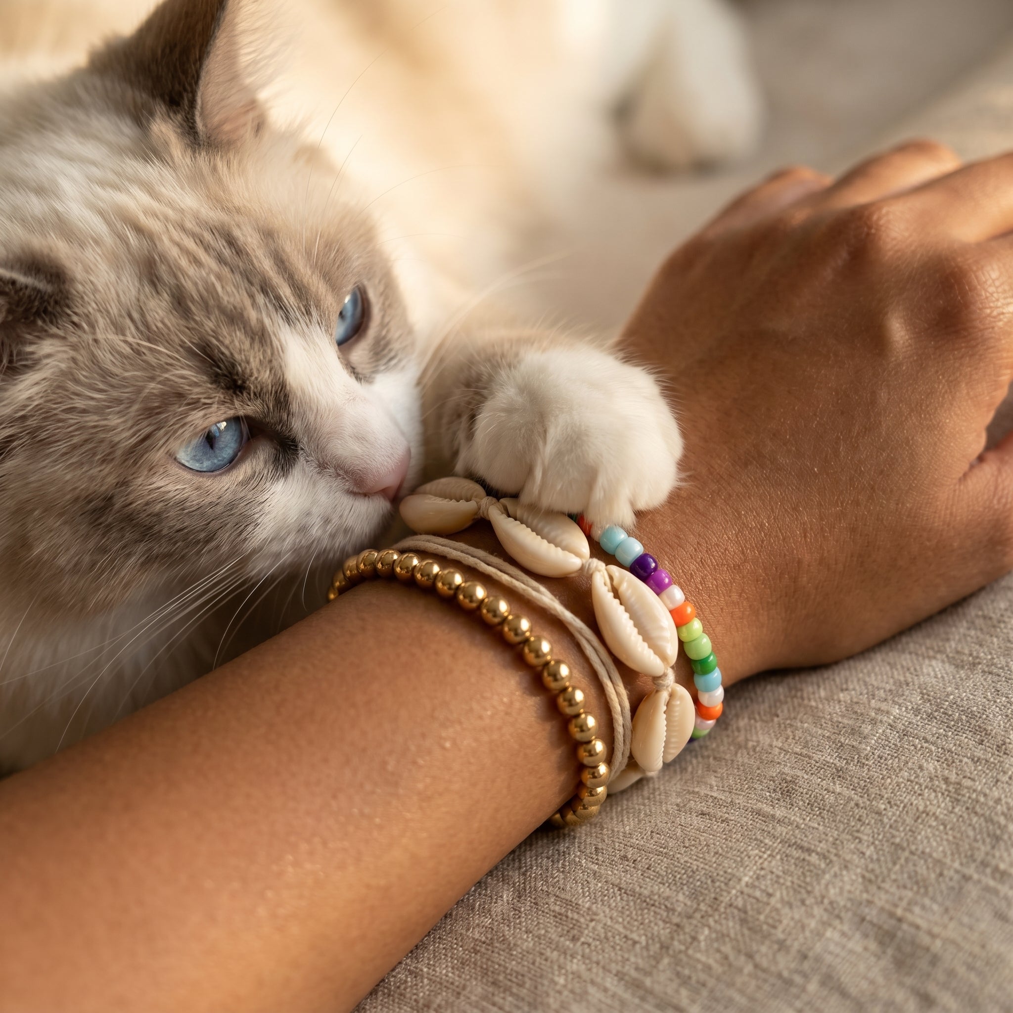 A close-up lifestyle shot of a fluffy cream and gray cat resting its head on a person's wrist, which is decorated with multiple bracelets including cowrie shells, gold beads, and colorful round beads.